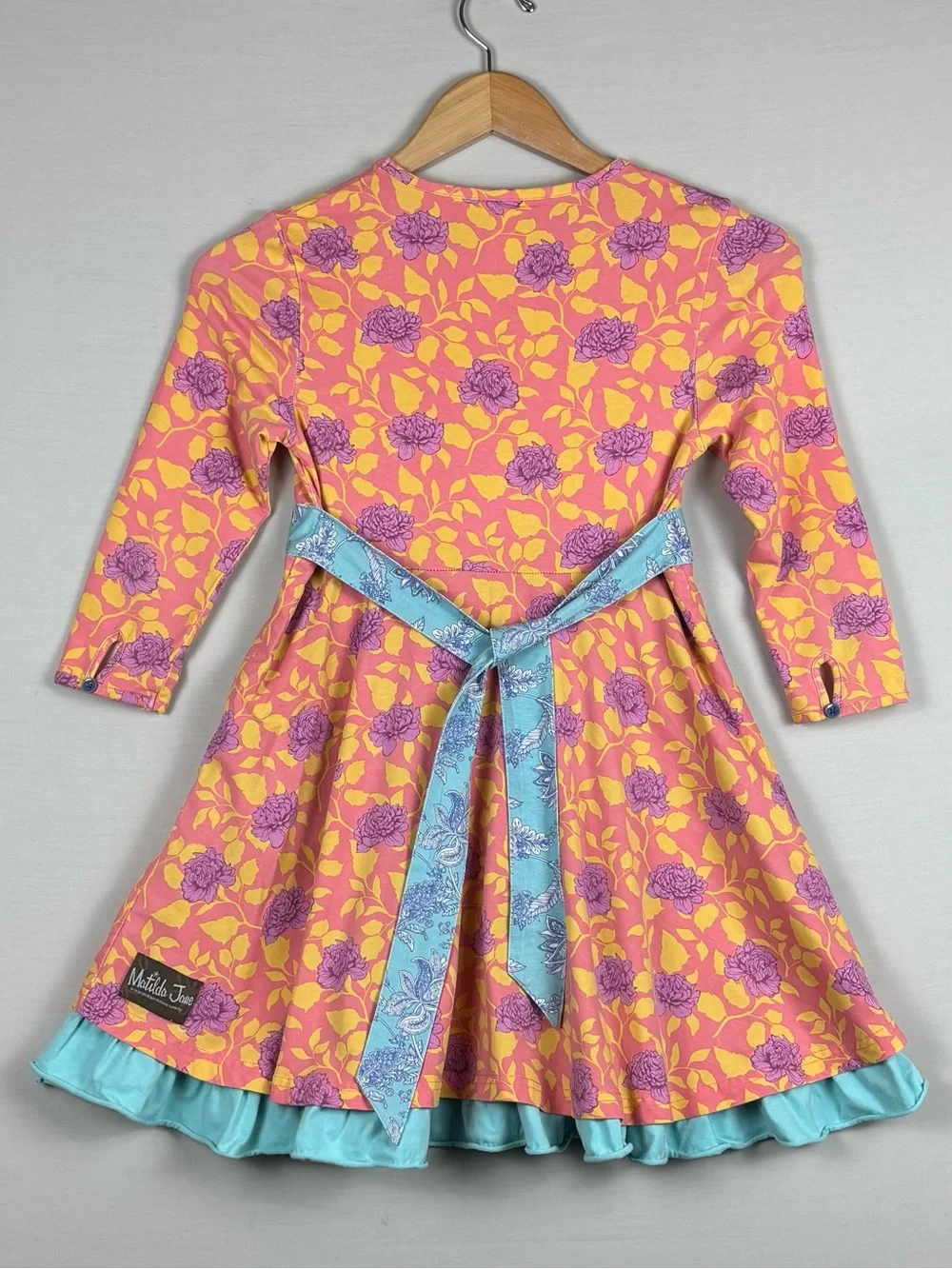 Matilda Jane Girls Size 10 Floral Ruffle Twirl Dress Blue Sash Cottagecore